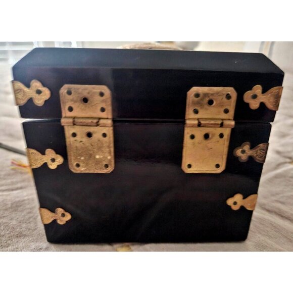 Vintage Chinese Lacquered Jewelry Box Brown and Gold with Koi Fish Lock and Key - Picture 5 of 9